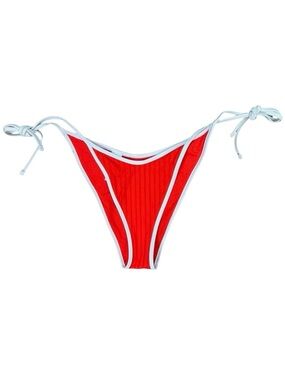 aerie Wide Rib Low-Rise Tie Cheekiest Bikini Bottom - Size Medium - Red / White